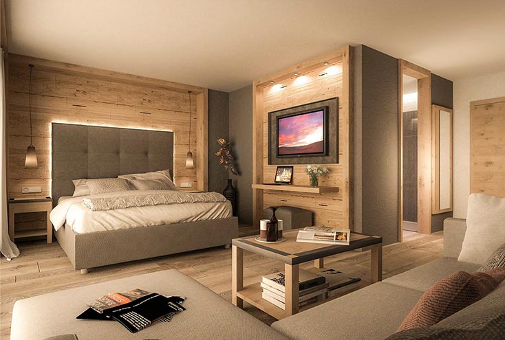 Modern rooms in chalet style with beautiful garden view